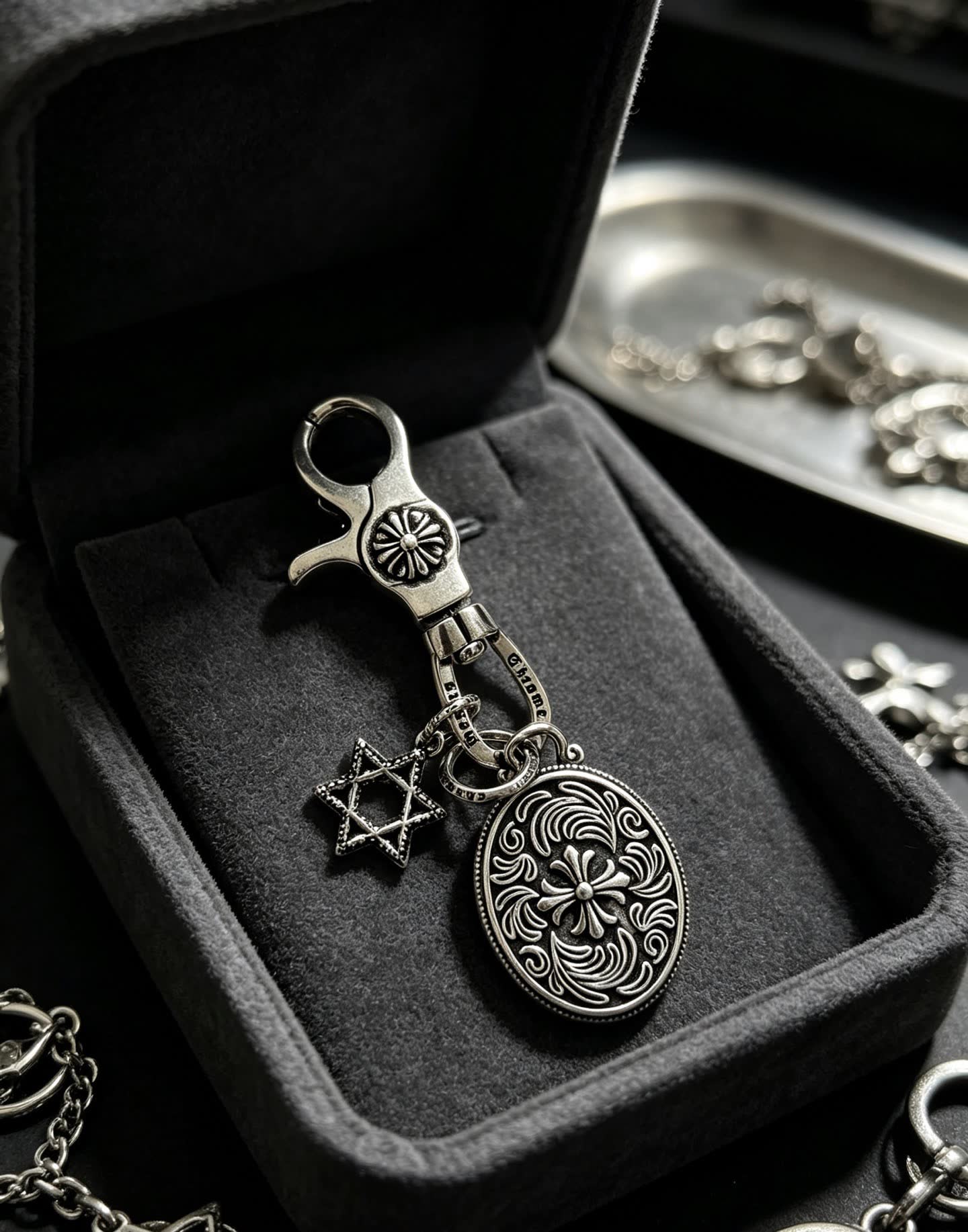 Chrome Hearts Silver Keychain with Star of David and Medallion